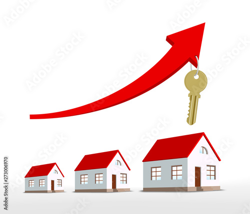 Graph of real estate growth with an arrow and houses