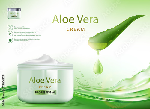 Aloe Vera skin care cream with plant leaves.