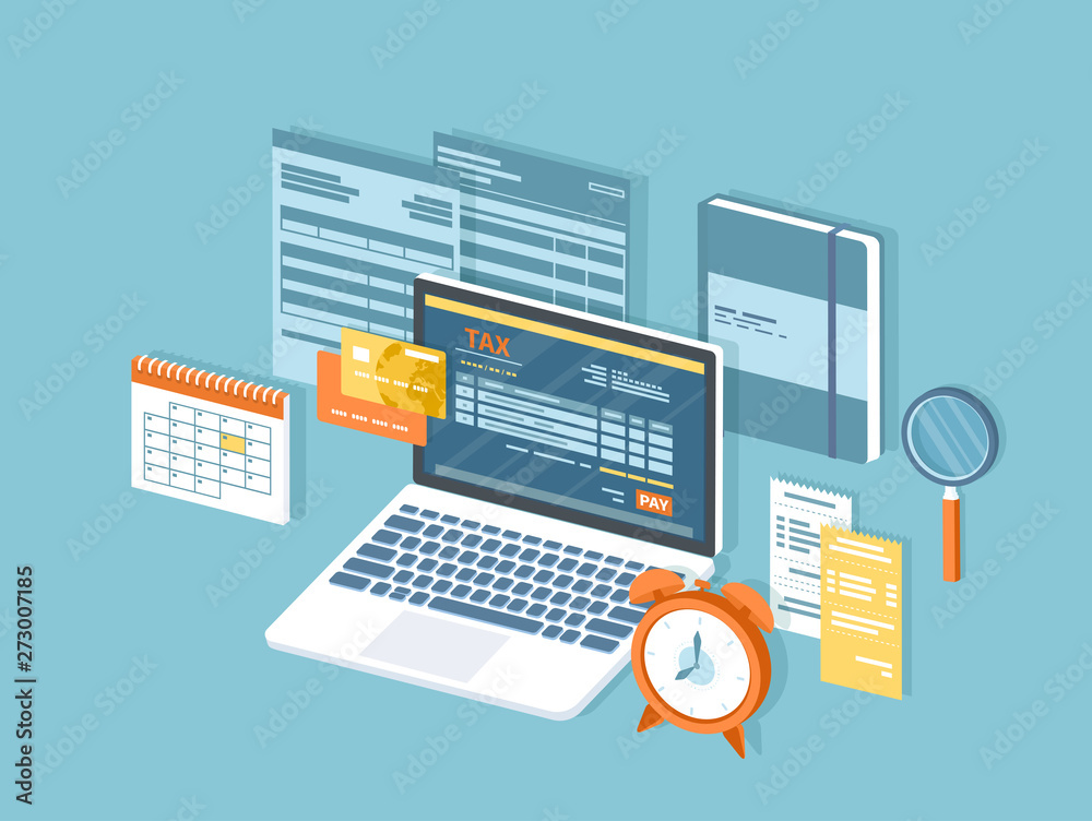 Fototapeta premium Tax payment via laptop. Mobile payment service. Government, State taxes. Tax form, financial calendar, magnifying glass, money, credit cards, invoices, bills, alarm clock. Isometric 3d vector