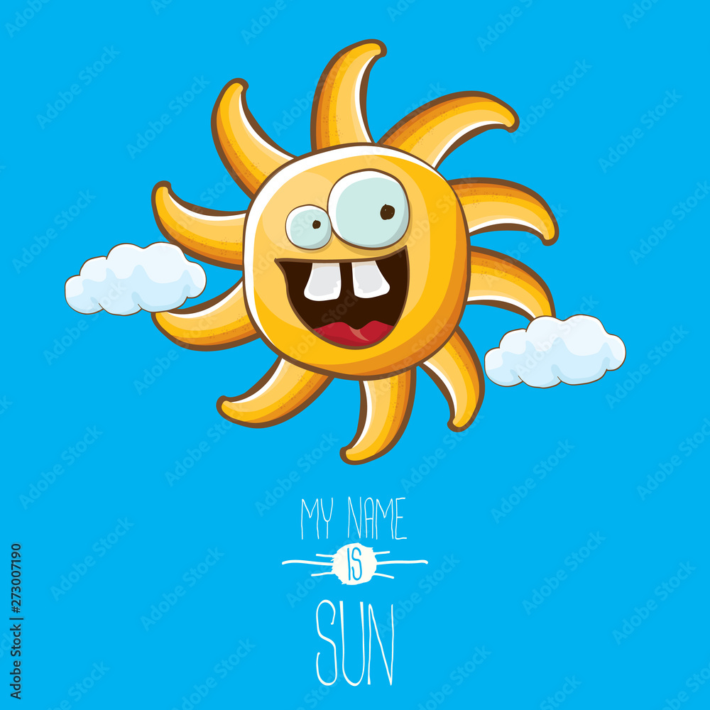 vector funky cartoon style summer sun character on blue sky background. My name is sun concept illustration. funky kids summer character with eyes and mouth
