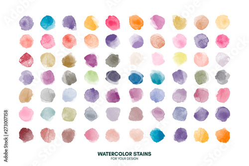 Set of colorful watercolor hand painted round shapes, stains, circles, blobs isolated on white background. Elements for artistic design. Trendy modern fashion colors
