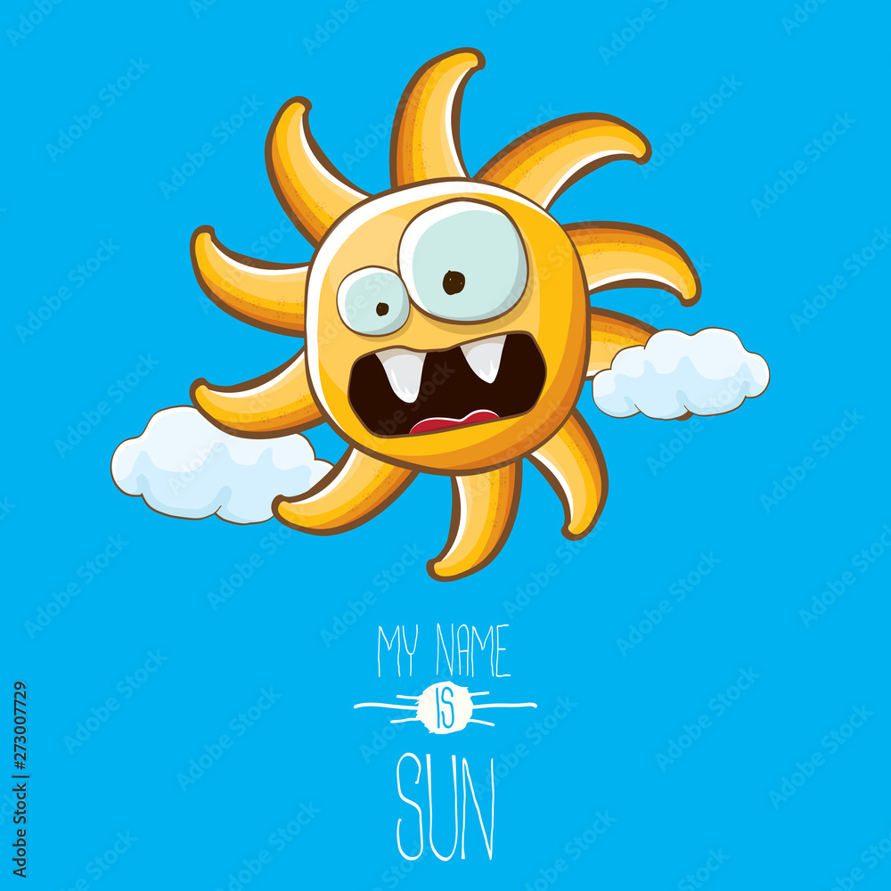 Fototapeta premium vector funky cartoon style summer sun character on blue sky background. My name is sun concept illustration. funky kids summer character with eyes and mouth