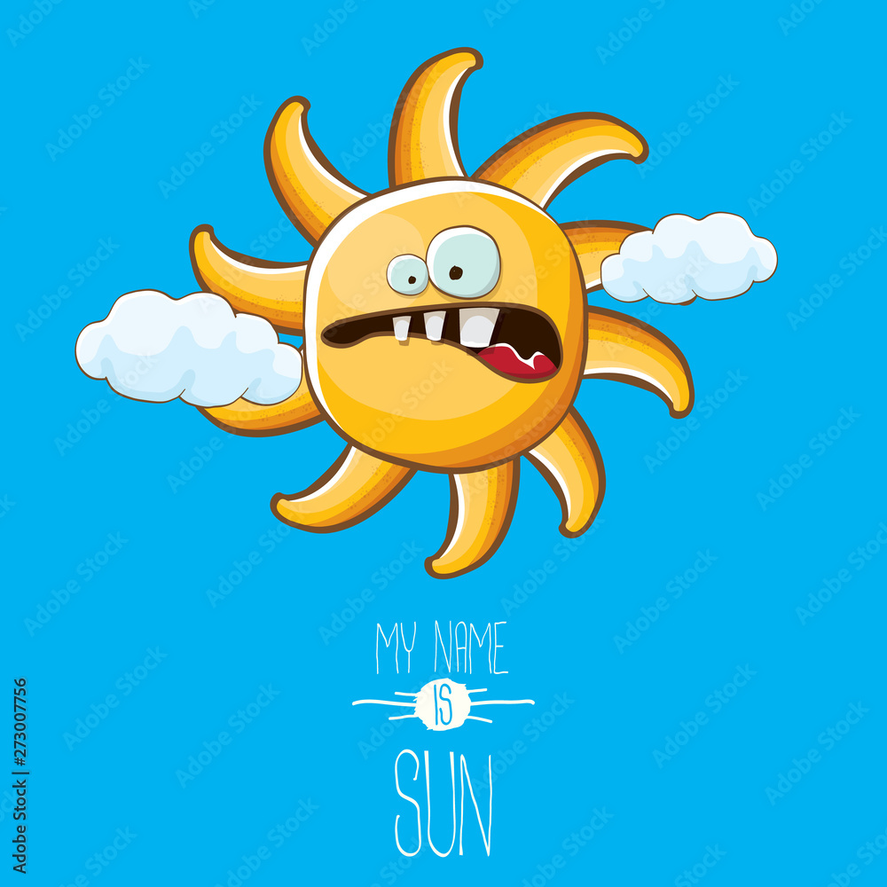 vector funky cartoon style summer sun character on blue sky background. My name is sun concept illustration. funky kids summer character with eyes and mouth