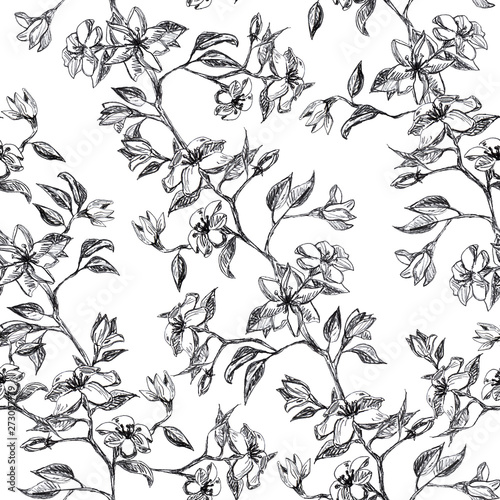 Branch with flowers and leaves, graphic hand drawn - seamless pattern with apple blossom tree on white background