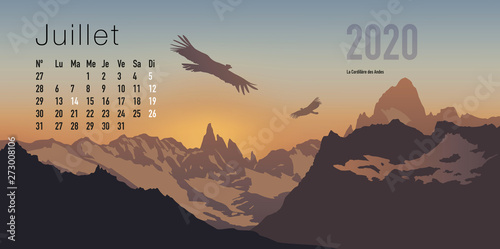 Calendrier 2020 prêt à imprimer en version française, composé d’une page pour chaque mois et d’une page de couverture. Ici le mois de juillet. Il illustre le calme et la liberté avec des paysages de 