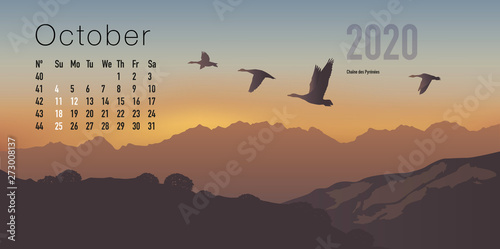 Calendrier 2020 prêt à imprimer en version française, composé d’une page pour chaque mois et d’une page de couverture. Ici le mois d'octobre. Le calme et la liberté avec des paysages de montagnes a