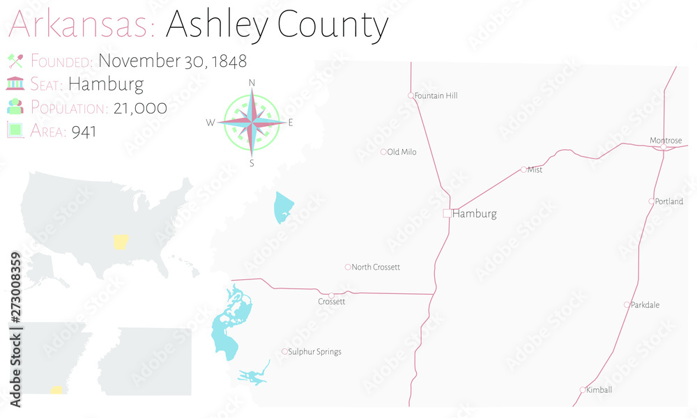 Large and detailed map of Ashley county in Arkansas, USA Stock Vector