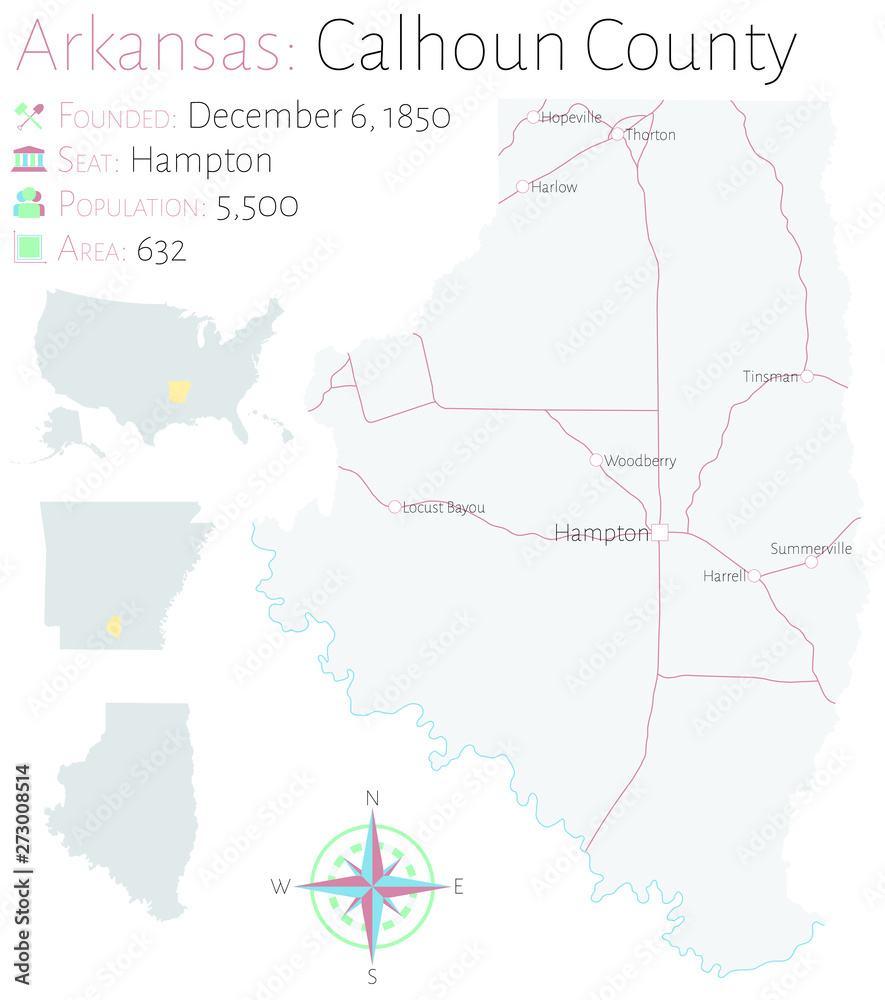 Large and detailed map of Calhoun county in Arkansas, USA