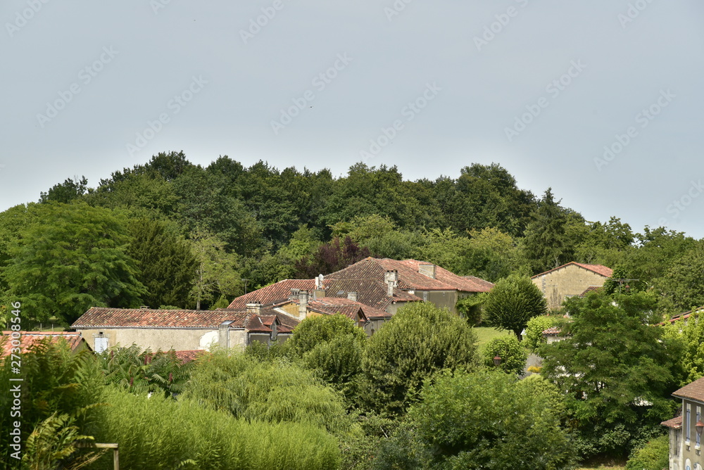 Toitures rustiques d'un hameau émergeant de la végétation sur une colline boisée au bourg de Vendoire au Périgord Vert Toitures rustiques d'un hameau émergeant de la végétation sur une colline boisée au bourg de Vendoire au Périgord Vert