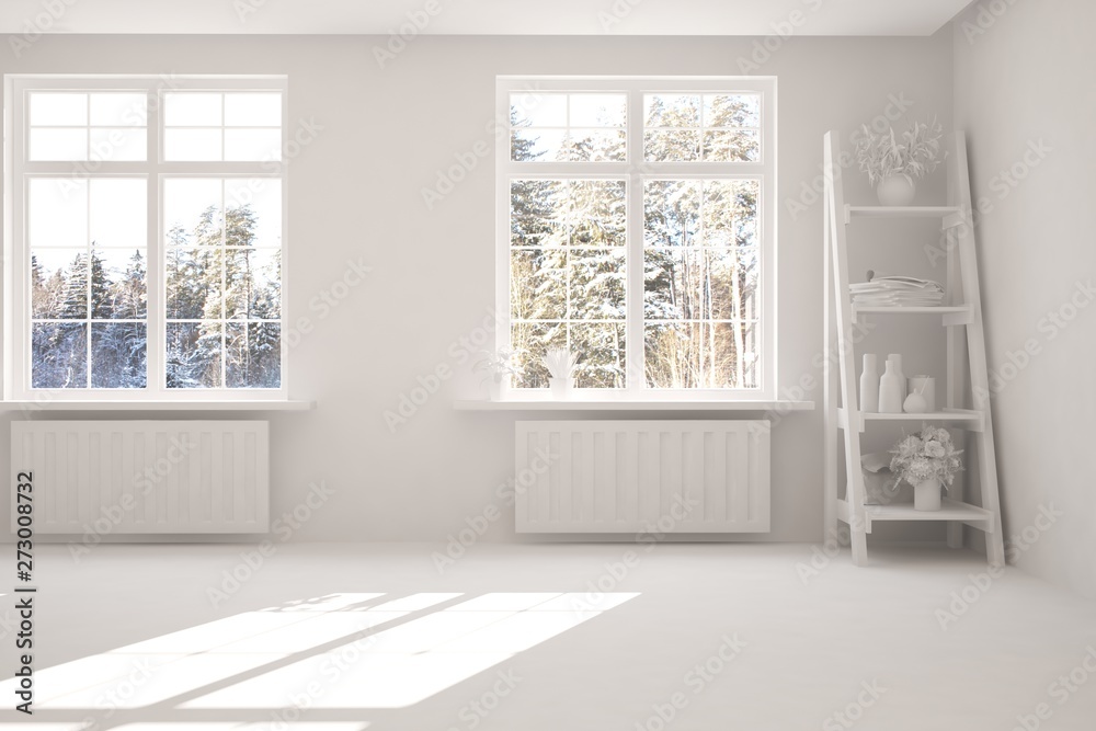 Fototapeta premium Mock up of empty room in white color with winter landscape in window. Scandinavian interior design. 3D illustration
