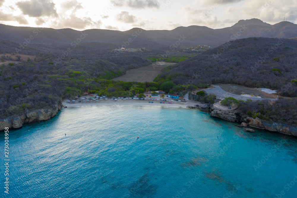 Aerial view at sunrise over beach Grote Knip on the western side of  Curaçao/Caribbean /Dutch Antilles