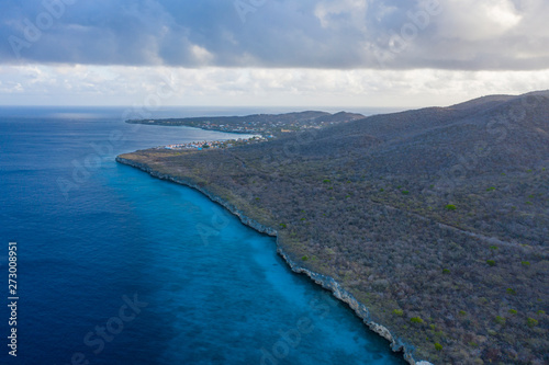 Aerial view over coastline on the western side of Curaçao/Caribbean /Dutch Antilles