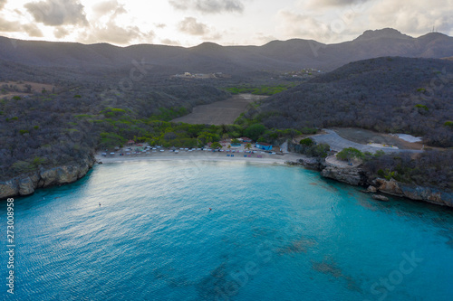 Aerial view at sunrise over beach Grote Knip on the western side of  Curaçao/Caribbean /Dutch Antilles © NaturePicsFilms