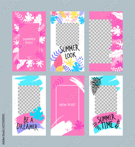 6 layout templates for social media, stories, mobile apps with tropical leave...