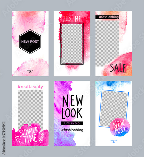 6 layout templates for social media, stories, mobile apps with watercolor bac...