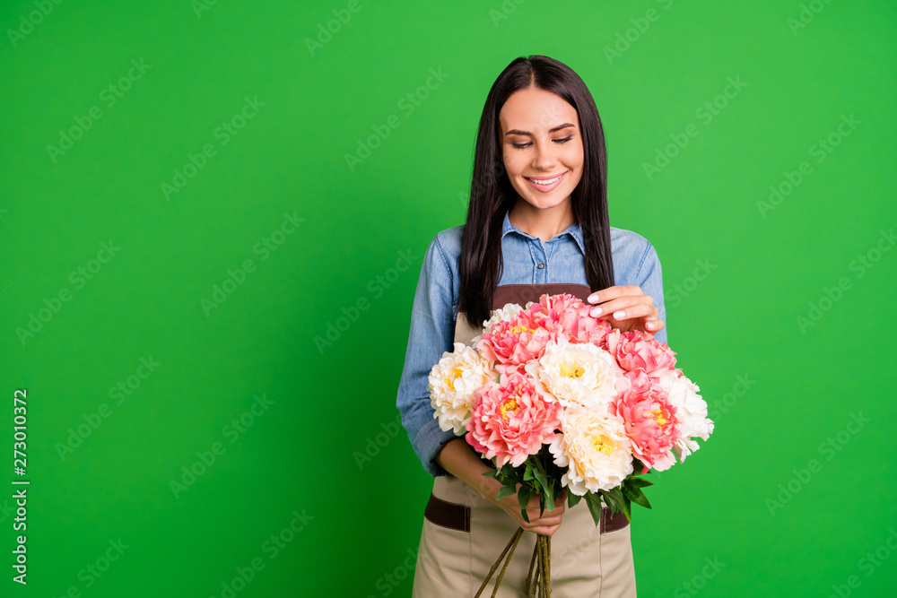 Portrait of charming dream dreamy youth lady hold hand floral natural nature floristry environment rejoice candid wear blue trendy stylish beautiful shirt isolated green background Portrait of charming dream dreamy youth lady hold hand floral natural nature floristry environment rejoice candid wear blue trendy stylish beautiful shirt isolated green background