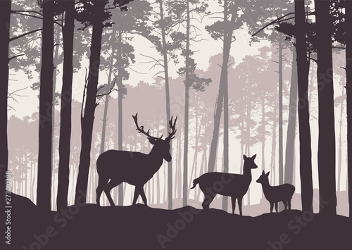 Realistic illustration of mountain landscape with coniferous forest under sky with haze. Deer  doe and little deer standing and looking into valley  retro vector