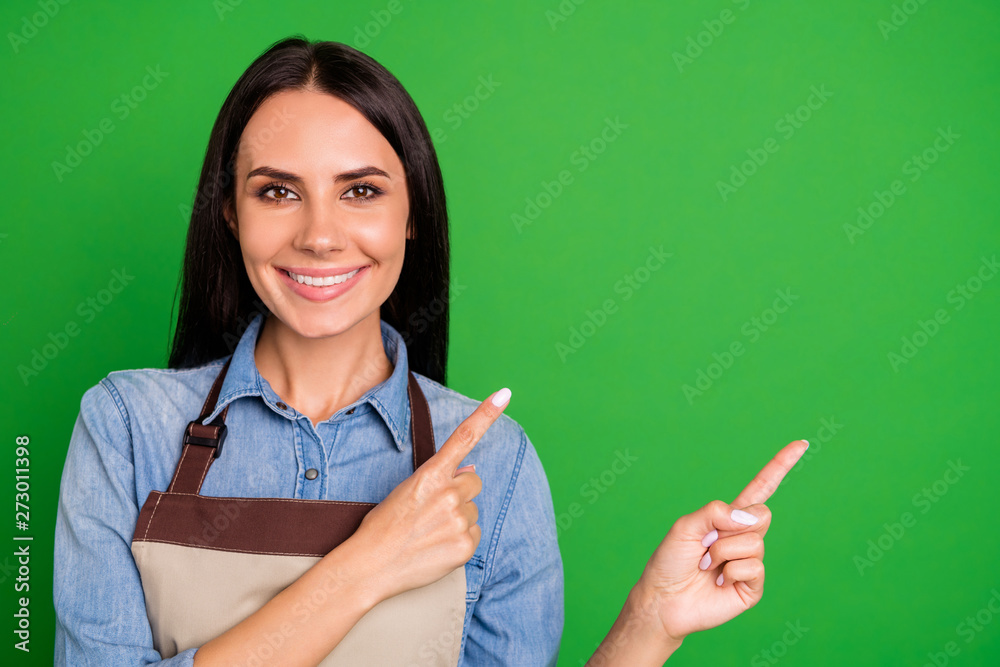 Close up photo beautiful she her lady hands arms novelty indicate fingers empty space customer buy buyer best service products wear jeans denim shirt covered work apron isolated black grey background Close up photo beautiful she her lady hands arms novelty indicate fingers empty space customer buy buyer best service products wear jeans denim shirt covered work apron isolated black grey background