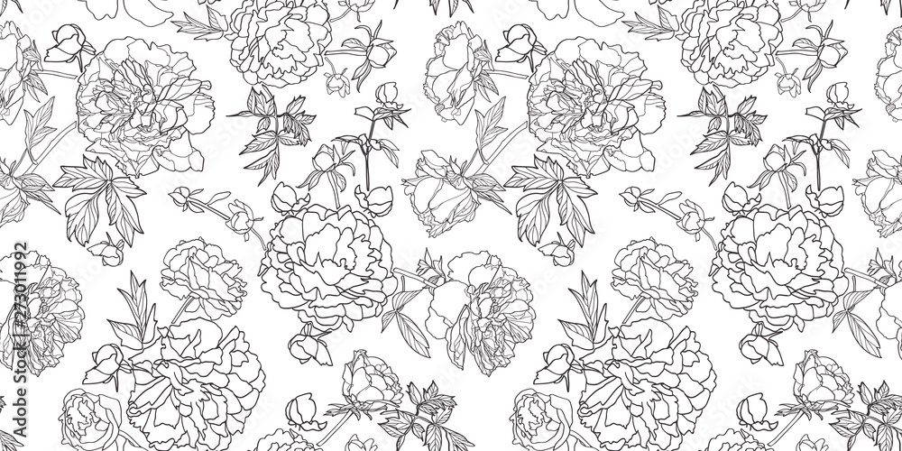 White vector repeat pattern with black outline peony florals. Japan inspired pattern. Perfect for paper and textile projects or events. Surface pattern design. White vector repeat pattern with black outline peony florals. Japan inspired pattern. Perfect for paper and textile projects or events. Surface pattern design.