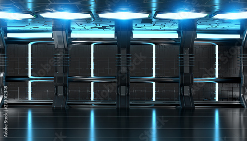Fototapeta Naklejka Na Ścianę i Meble -  Dark blue spaceship futuristic interior with tech wall panel 3d rendering