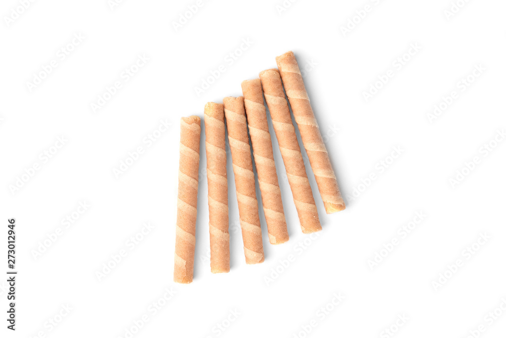 Sweet chocolate waffle rolls isolated on white background. Sweet chocolate waffle rolls isolated on white background.
