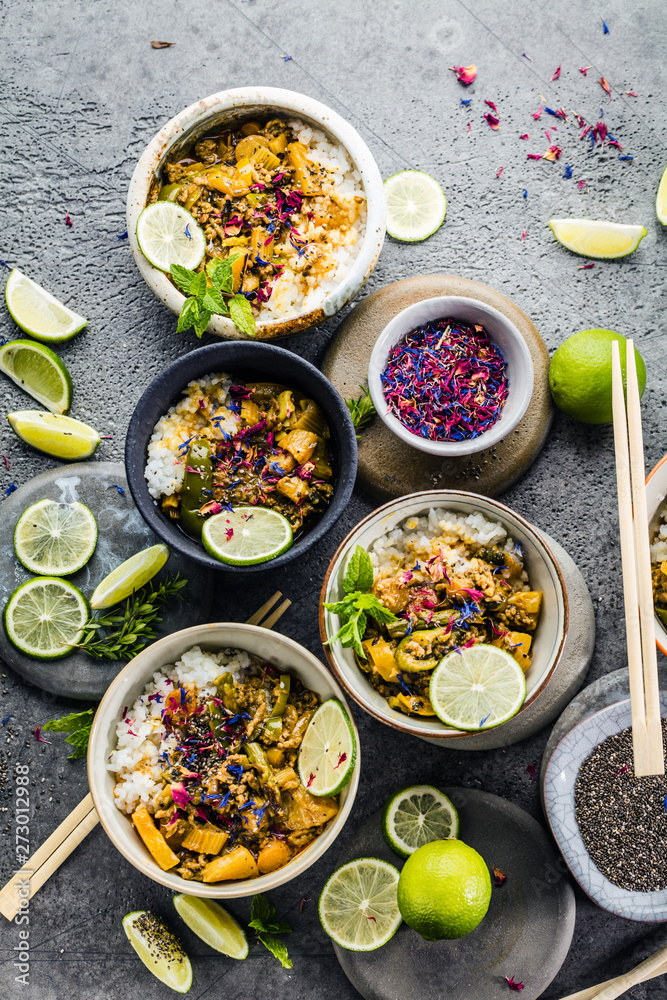 Top view composition of various Asian food in bowl Top view composition of various Asian food in bowl