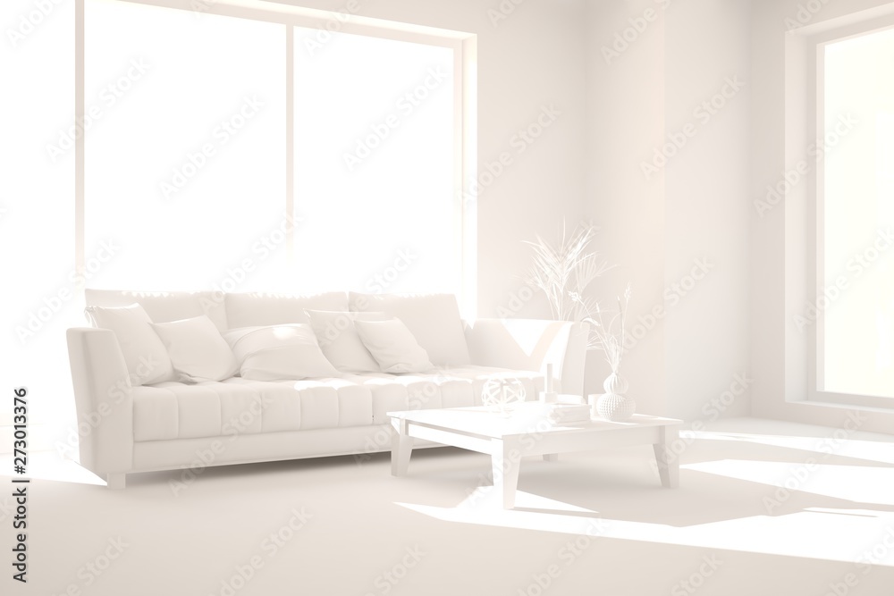 Mock up of stylish room in white color with sofa. Scandinavian interior design. 3D illustration Mock up of stylish room in white color with sofa. Scandinavian interior design. 3D illustration