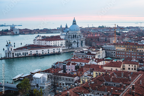 Beautiful super wide-angle aerial view of Venice, Italy with harbor, islands, skyline and scenery beyond the city, seen from the observation tower of St Mark's Campanile © tsuguliev