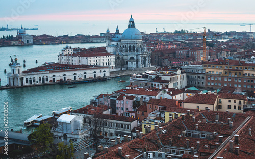 Beautiful super wide-angle aerial view of Venice, Italy with harbor, islands, skyline and scenery beyond the city, seen from the observation tower of St Mark's Campanile