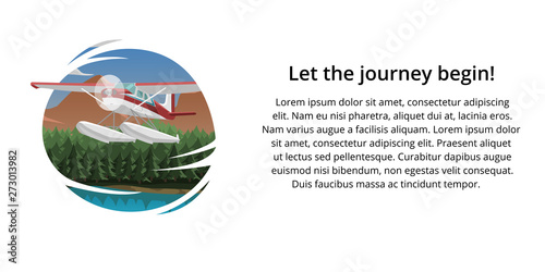 Travel advertisment web banner. Mountains aerial view vector illustration. Mountain landscape with small plane