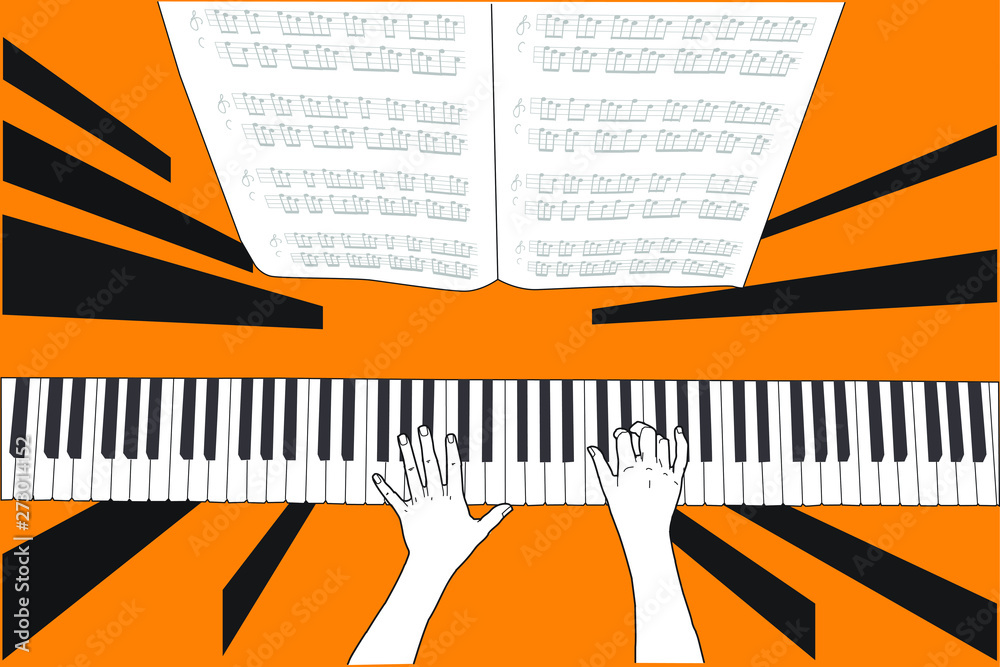 Manos un piano en de una partitura musical vector de Stock | Adobe Stock