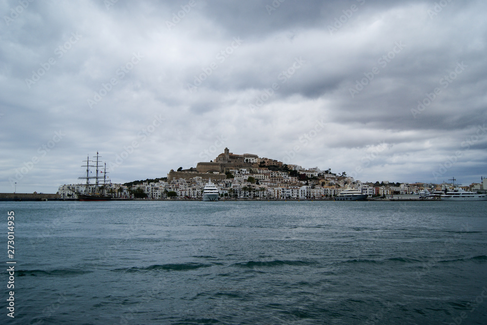 Panoramic view of old town of Ibiza in a stormy day