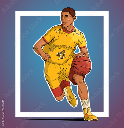 Vector illustration of a basketball player running with the ball. Beautiful sport themed poster. College, professional basketball. Team game, summer sports.