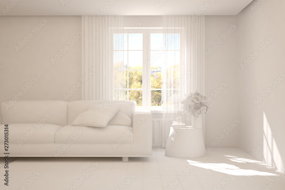 Mock up of stylish room in white color with sofa. Scandinavian interior design. 3D illustration Mock up of stylish room in white color with sofa. Scandinavian interior design. 3D illustration