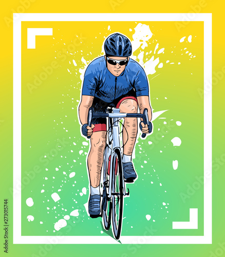 Vector illustration of a cyclist riding a bicycle. Beautiful sport themed poster. Road bicycle racing. Summer sports, healthy lifestyle.
