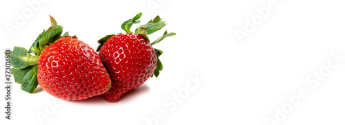 Strawberry on white background. Summer berry background. Fresh strawberry for healthy food and diet. Long format for banner with copy space