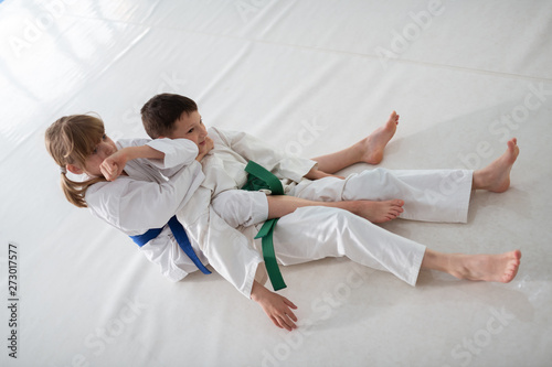 Girl with ponytails attacking boy while having aikido battle