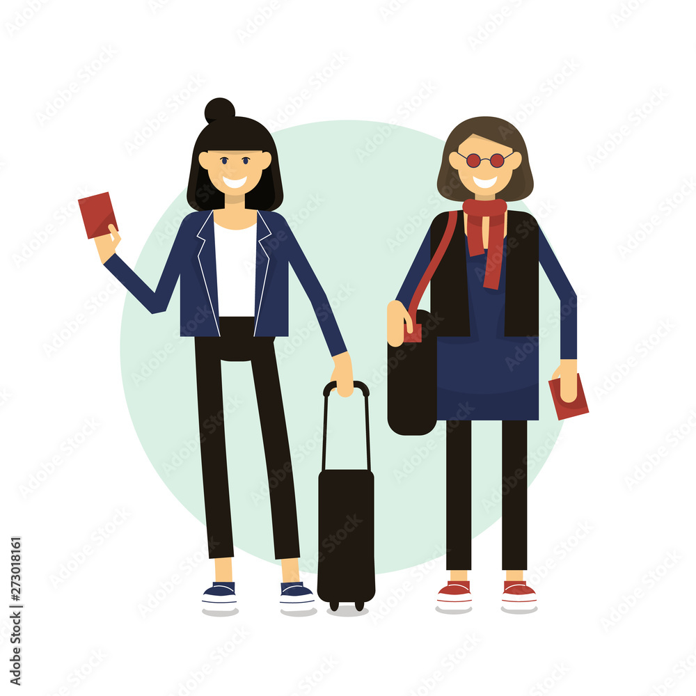 two female travellers with luggage and  passports standing in airport.