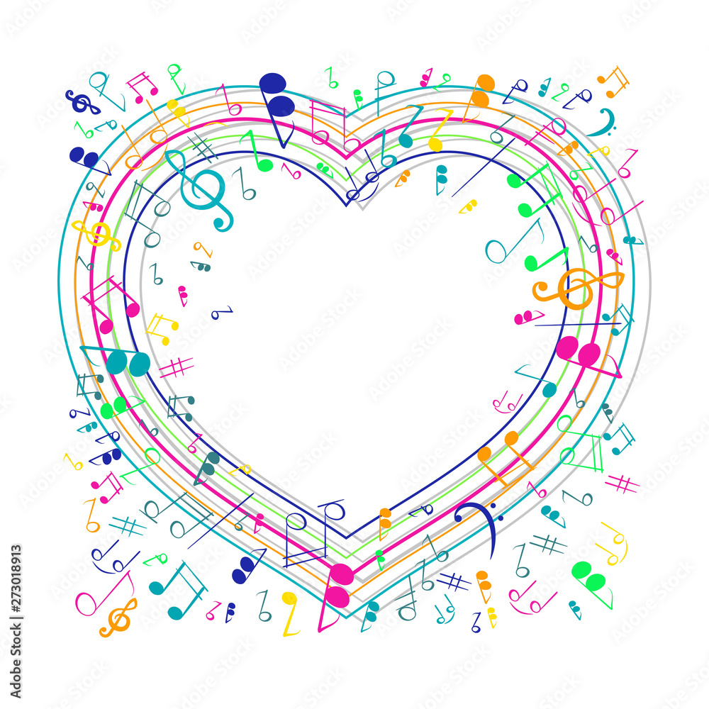 Shape of a heart with musical notes.