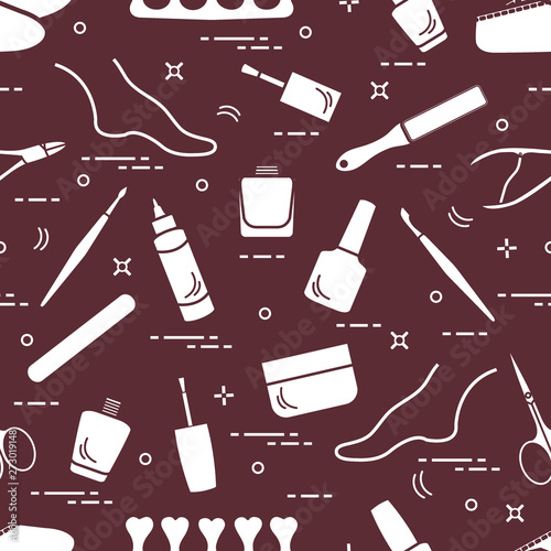 Pattern of manicure and pedicure tools and products for beauty and care.