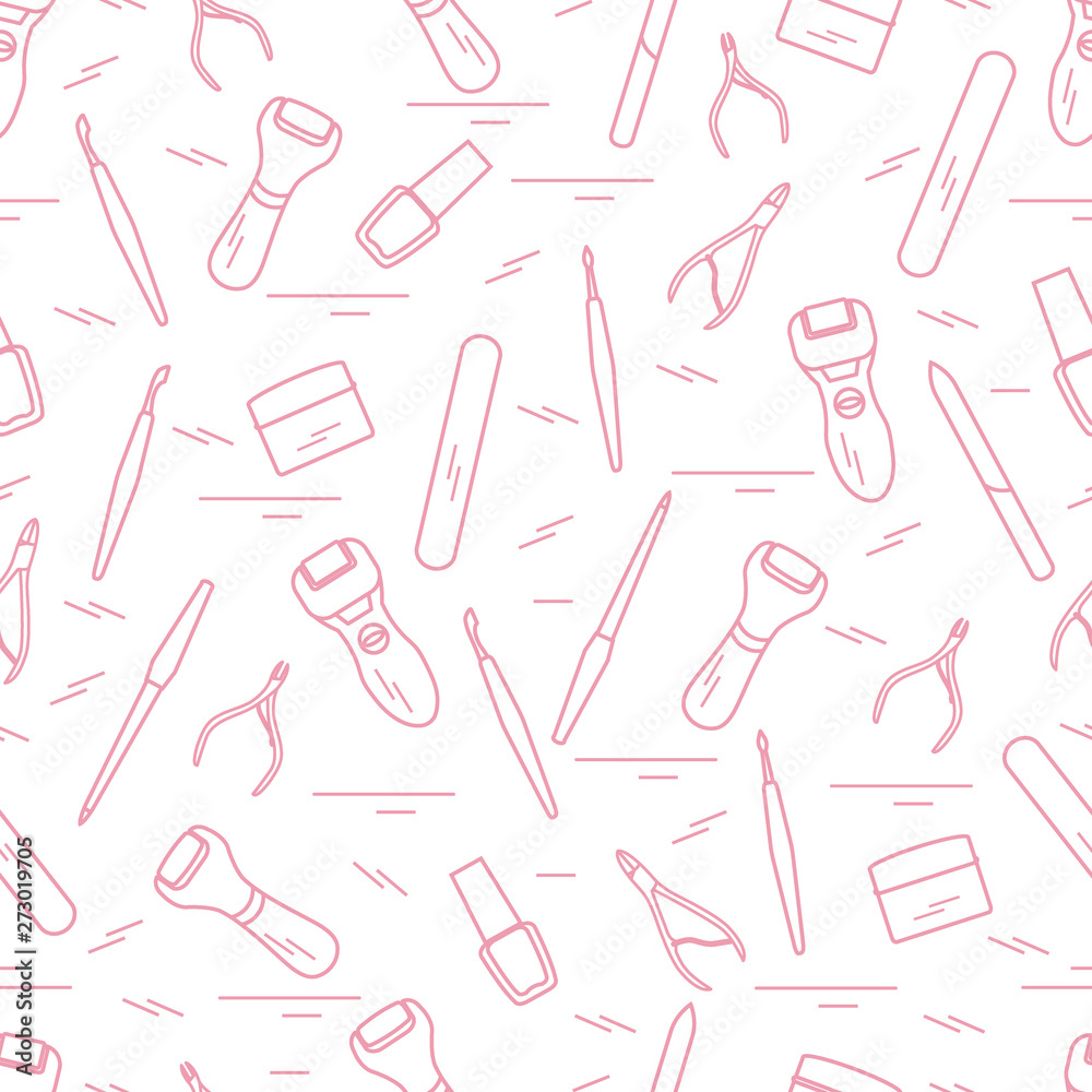 Seamless pattern with variety tools for manicure and pedicure. Personal care.