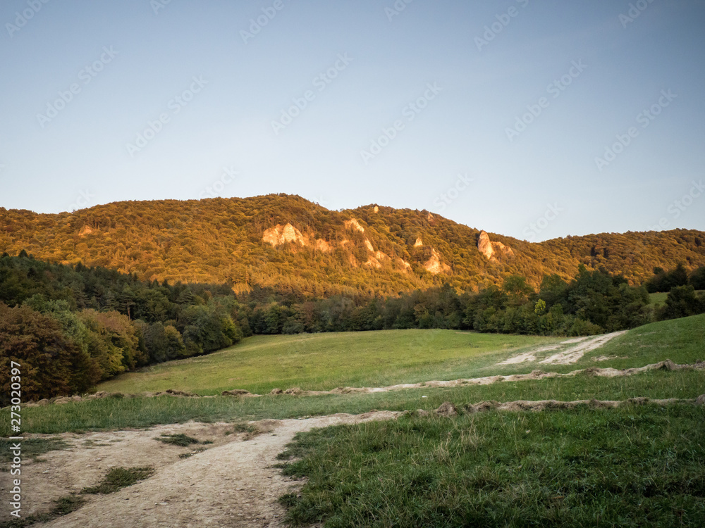 Sulov rocks, nature reserve in Slovakia with its rocks and meadows in the evening sun