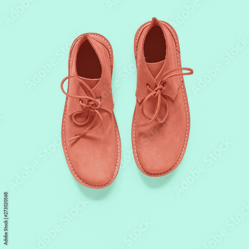 Brown coral men's suede shoes are on the background of green pastel color. Flat lay, top view minimal fashion composition.