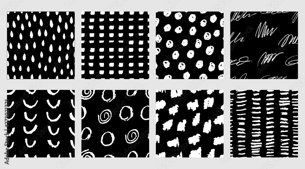 Set of black and white seamless patterns with marker and ink. Backgrounds in minimalist Scandinavian style hand-drawn for fabric, Wallpaper, wrapping paper, bed linen. Vector