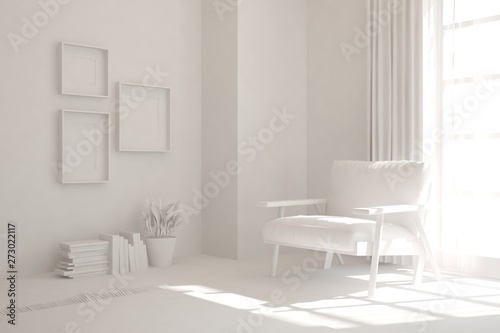 Mock up of stylish room in white color with armchair. Scandinavian interior design. 3D illustration