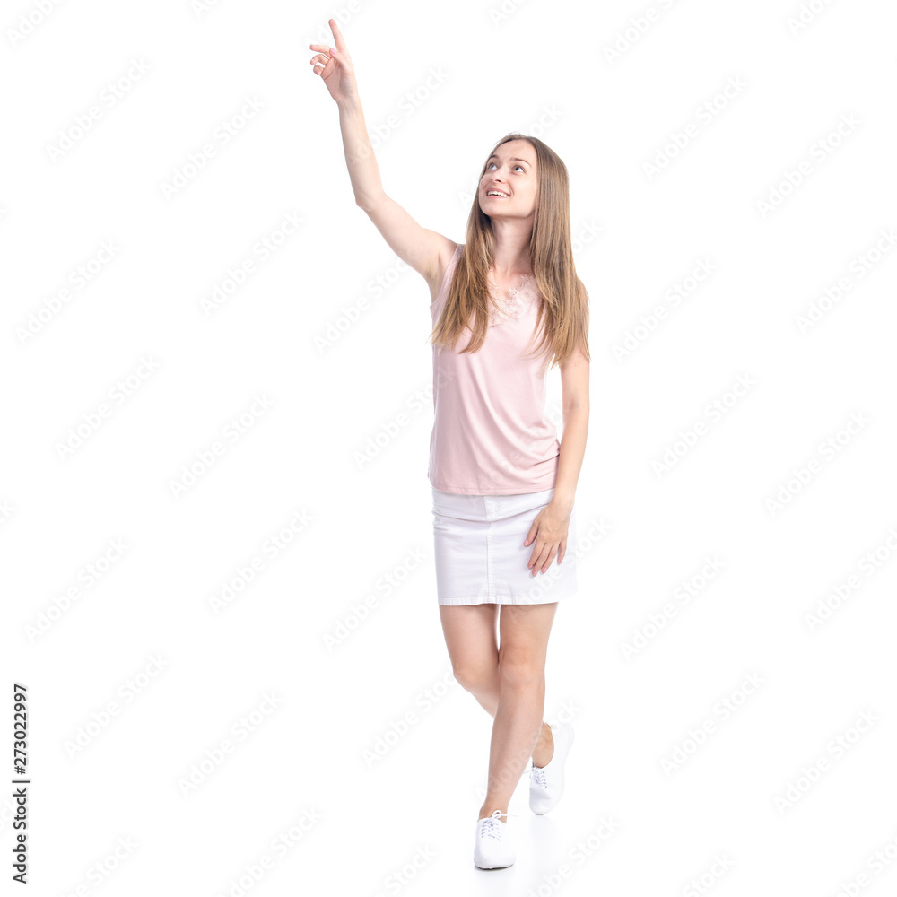 Woman in skirt showing pointing on white background isolation Woman in skirt showing pointing on white background isolation