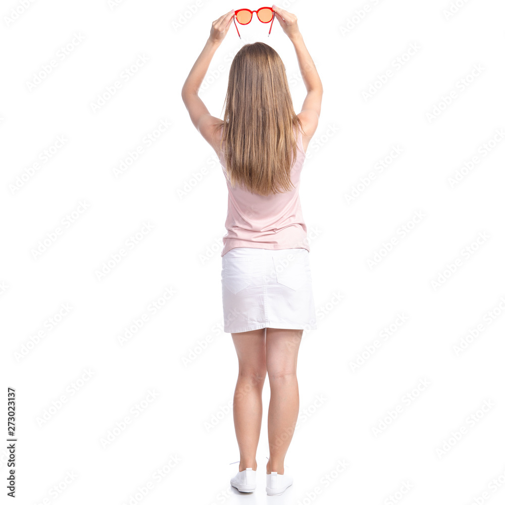Woman in skirt with sunglasses standing smiling happiness on white background isolation, back view Woman in skirt with sunglasses standing smiling happiness on white background isolation, back view