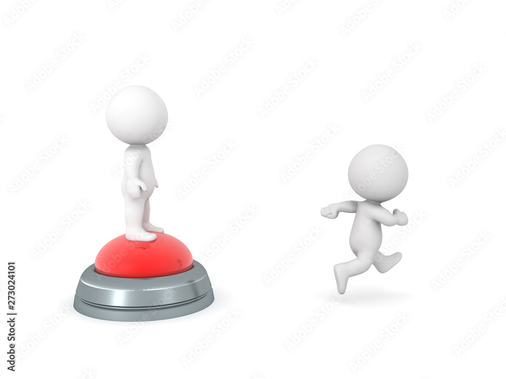 3D Character standing on big red button while another is running away 3D Character standing on big red button while another is running away