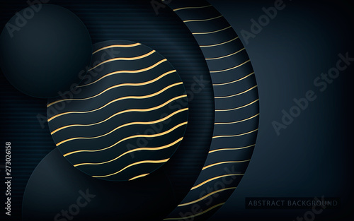 Dark abstract background with black circle overlap layers. Realistic texture golden element decoration.