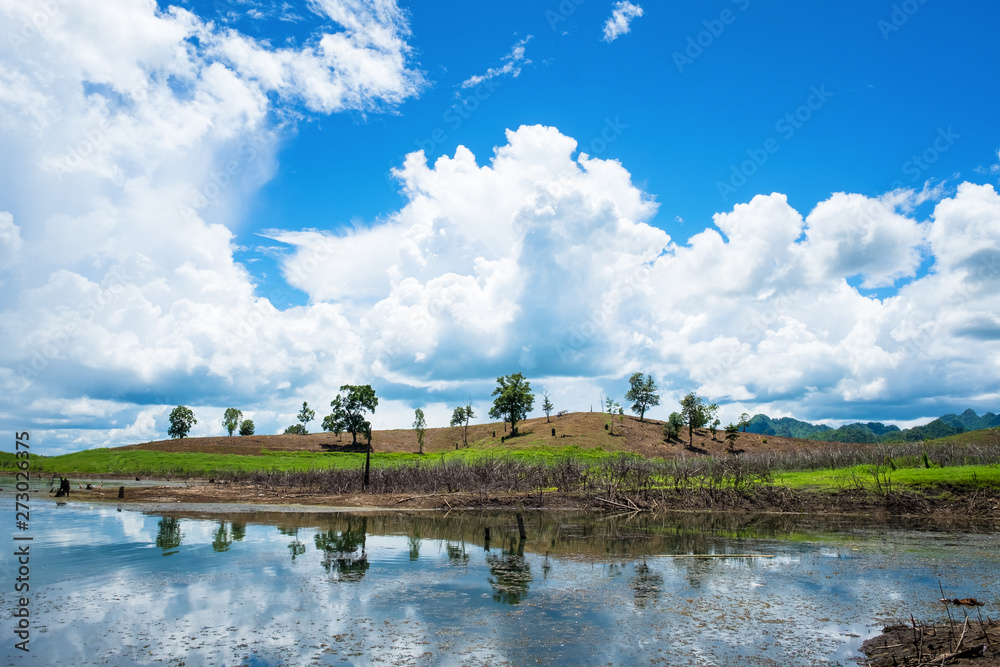 Obraz Mountain valley river reflection sky clouds landscape local country Thailand